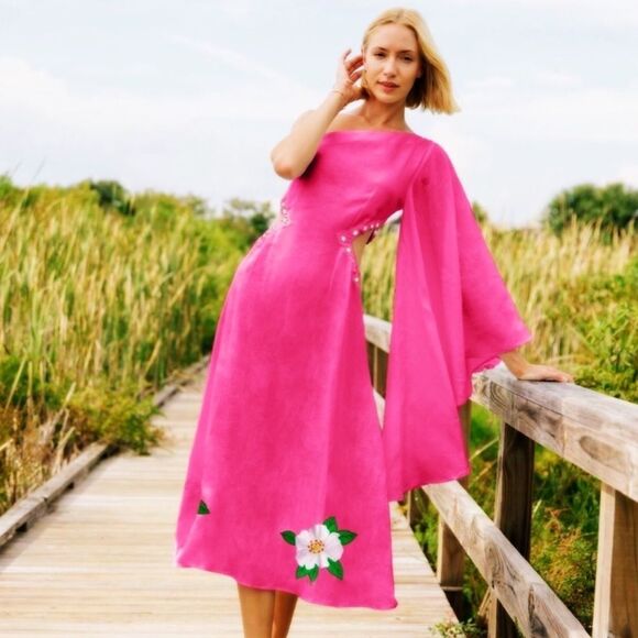 FANM MON Amarya Pink One Shoulder Dress Long Sleeve Cutout Embroidered XS New - Picture 1 of 14